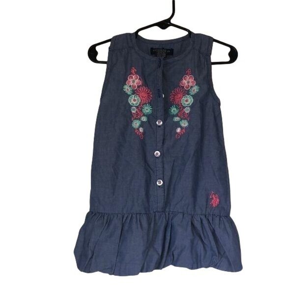 U.S. Polo Assn Girls 4T Sleeveless Dress Blue Floral Embroidery bubble hem - Picture 1 of 6